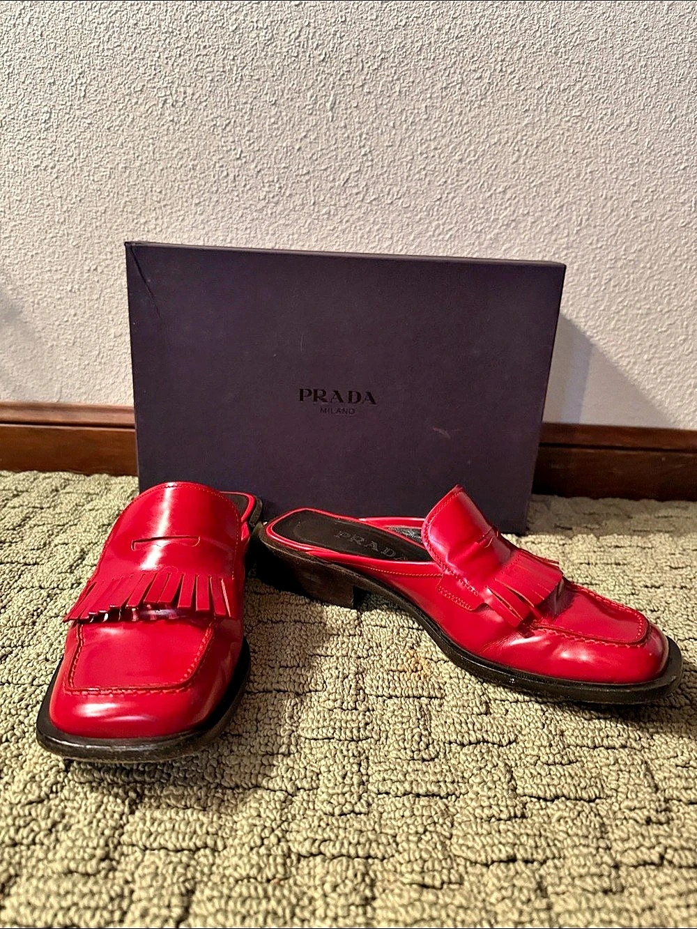 Prada Vintage Red Leather Fringe Mule Loafers - Picture 2 of 6